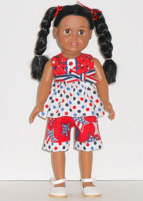 American Girl Doll July 4th Ruffled Top Capris Red White Blue Stars Polka Dots