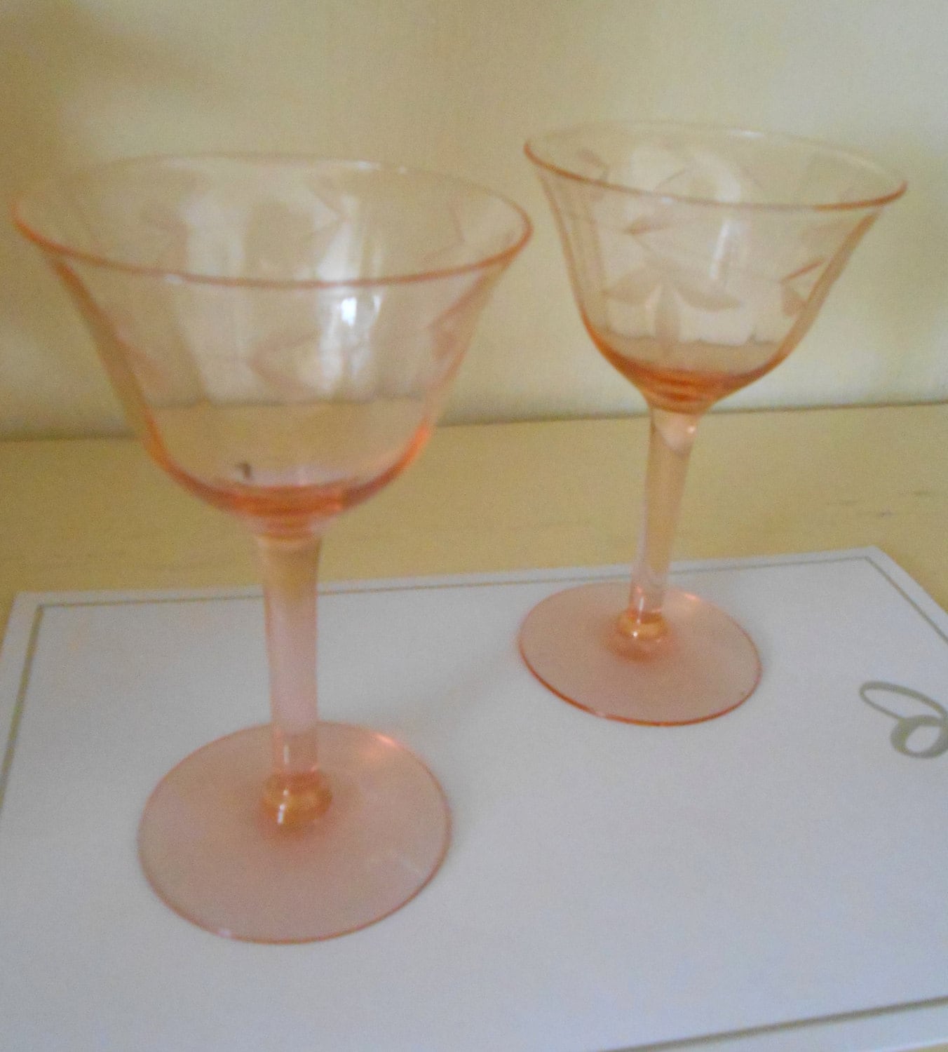 Two Antique Pink Depression Wine Glasses Vintage Cocktail