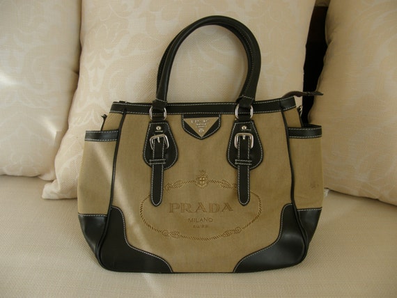 Items similar to Vintage 1990s Prada Brown Canvas Handbag Purse with ...
