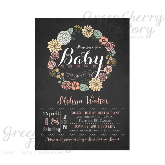 Baby Shower Invitation - Vintage Chalkboard Background - Wreath Spring Summer Floral Mint Coral Pink Flower - Printable Invitation - No.06