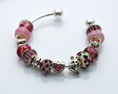 Cuff Style Bracelet with Pink Murano Glass Beads and Tibetan Silver Charms, Ball End Cuff Bracelet, Breast Cancer