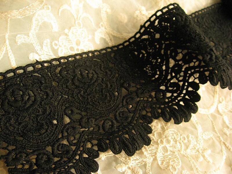 Black Cotton Lace Trim Antique Crochet Lace Trim Retro by LaceFun