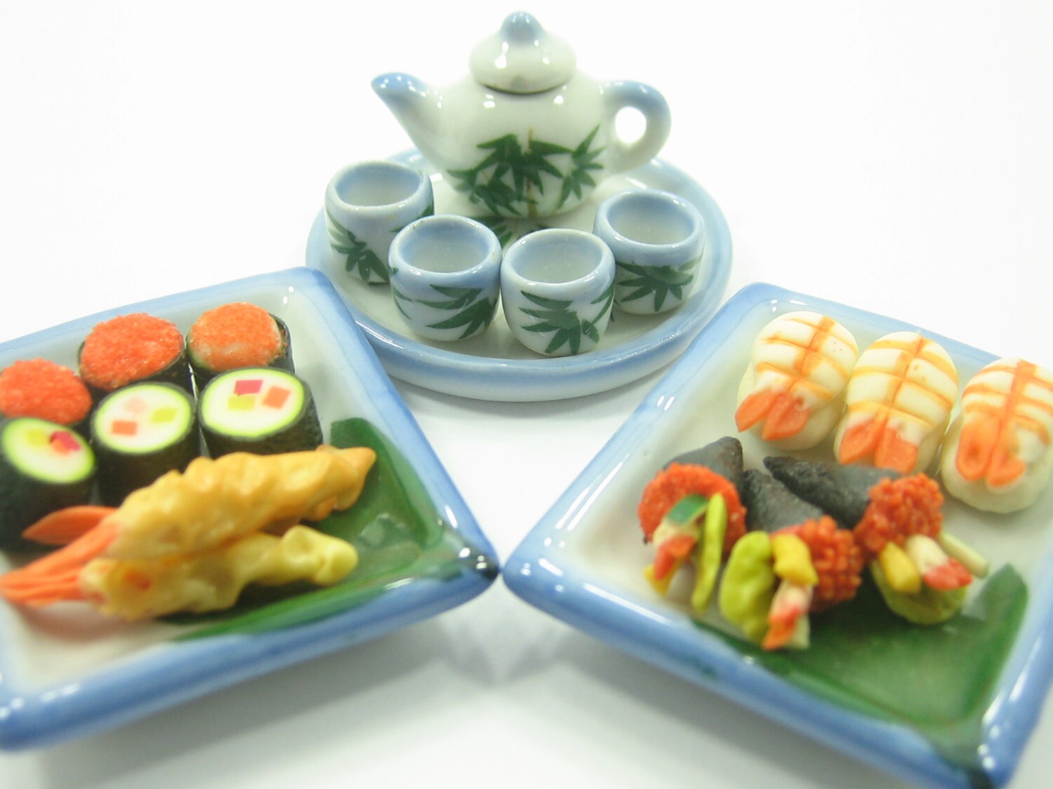 Dollhouse Miniature Food Japanese Sushi Tea Set On Ceramic