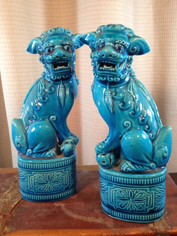 Pair of Vintage Chinese Porcelain Foo Dog Figurines with