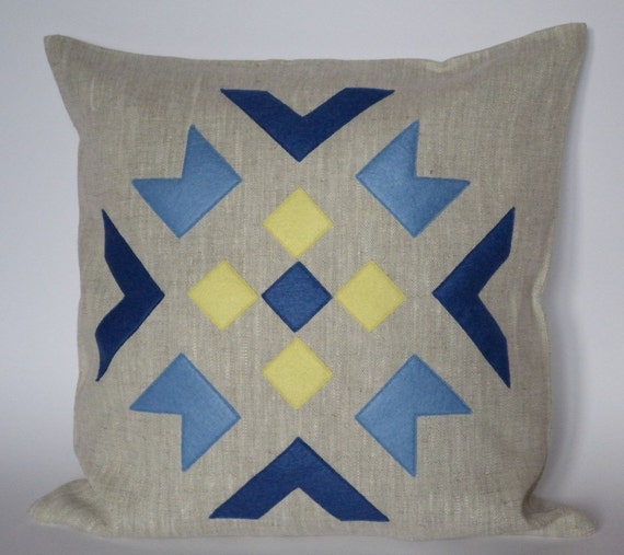 Items similar to Linen felt pillow cover yellow blue . Handmade