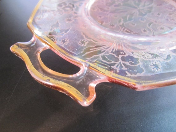 Pink Carnival Glass Etched Handled Plate 4667