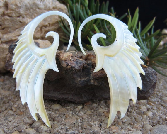 FREE US Shipping Beautifully carved 12G- 2mm Yellow Mother of Pearl tribal ear gauge , Angel Wing , Organic gauge earrings L481