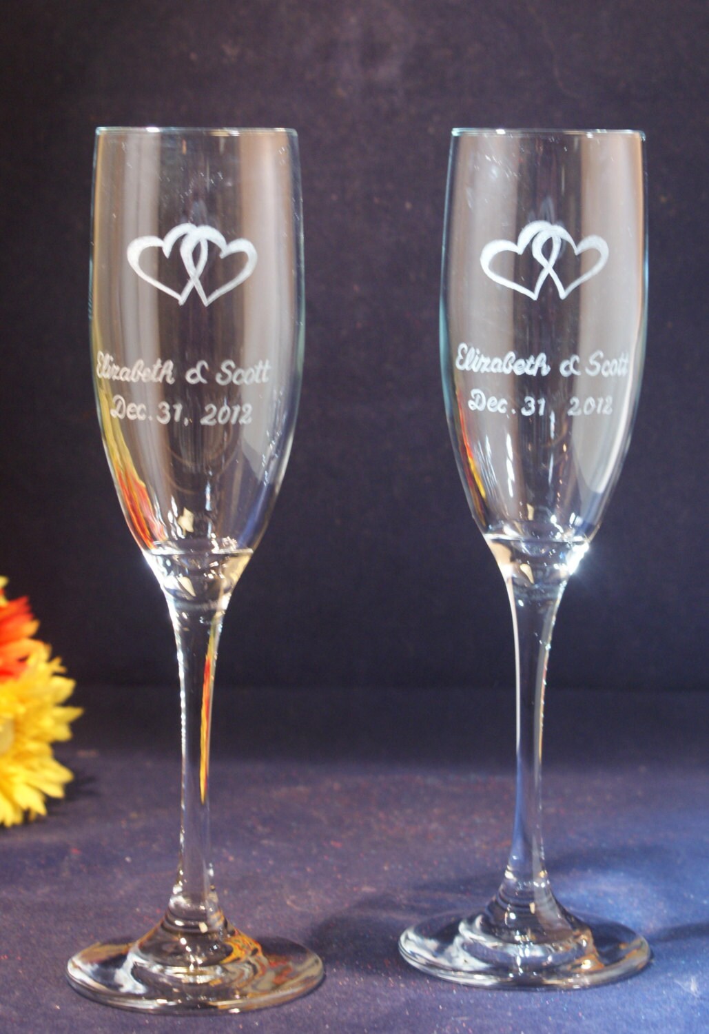 Personalized Wedding Champagne Flutes Witheengraved Hearts