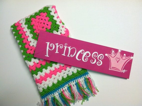 Hot Pink Princess sign and Granny Square afghan