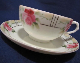 Hand Painted Nippon Teacup & Saucer with Pink Roses