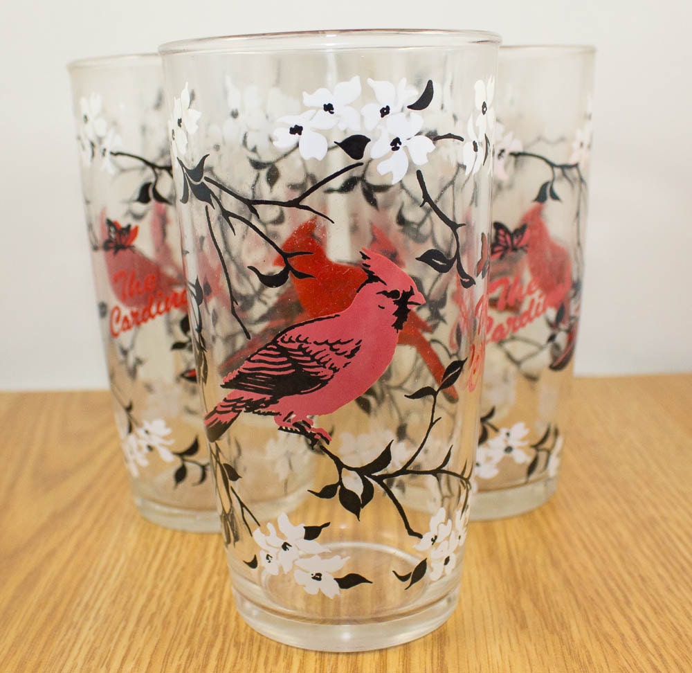 Vintage Cardinal Bird Glasses Bright Red Cardinals on White