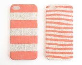 FABRIC - iPhone 5s case, iPhone 6 case, coral stripes on unbleached natural linen