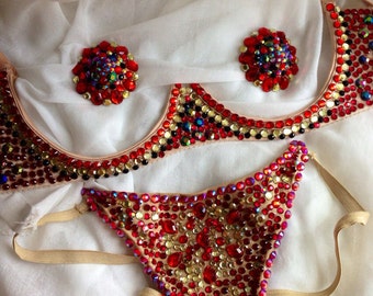 Rhinestoned burlesque cupless bra, pasties and panty set