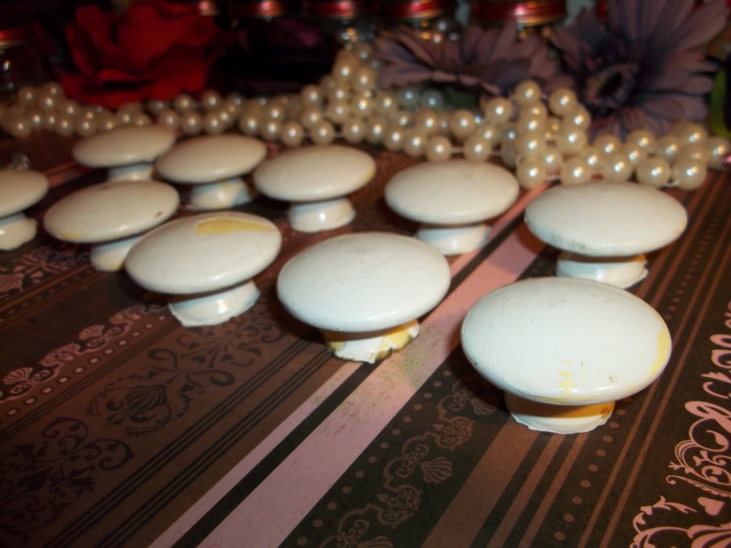 10 Vintage White Knobs Distressed Wood Dresser or Furniture
