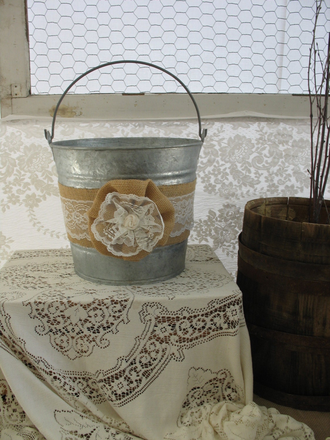 Champagne Bucket for Rustic Burlap and Lace Wedding Country