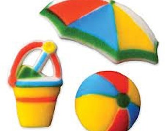 12 Fun in the Sun Molded Sugar Cake / Cupcake Topper Decorations Beach Ball Shovel Pail Umbrella