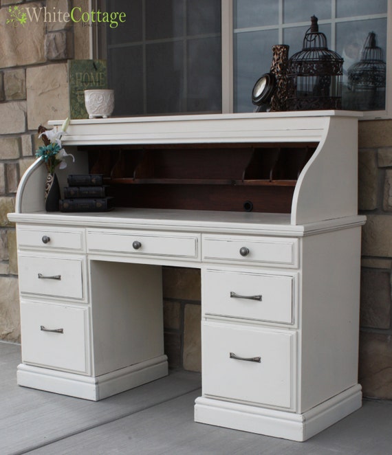 Beautiful Refinished Cream and Glazed Roll Top Desk