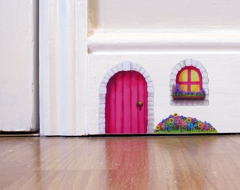 Pink Cottage Fairy Door wall sticker/decal including window and flower bed