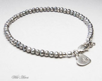Gray Pearl Bracelet. Personalized. Initial Stamped, Silver Jewelry, June Birthstone