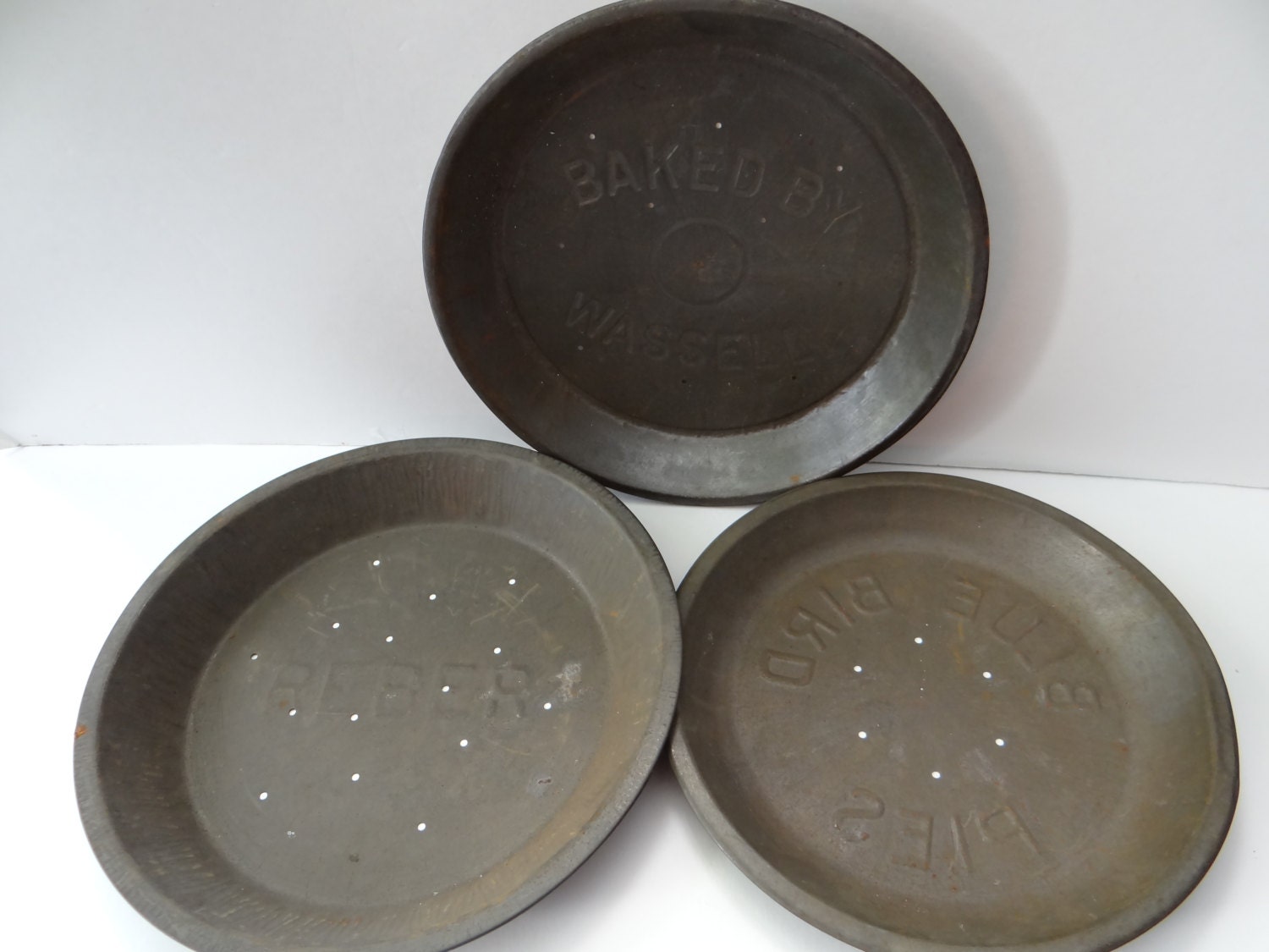 Antique Tin Pie Pans Trio.. Reber Baked by Wassell and Blue