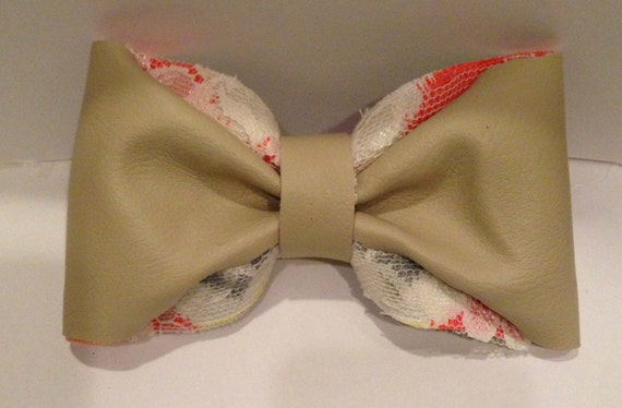 Leather and Lace Hair Bow, Faux Leather, Champagne leather with coral and lace accents Il_570xn