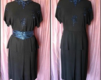 1940s BEADED DRESS // fits M-L // Peplum // Vintage 40s