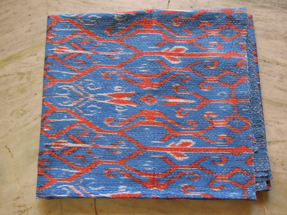 Blue Queen Ikat Kantha Quilt Blanket Cotton Quilted by Labhanshi