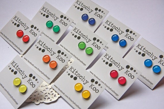 BRIGHT BLOCK COLOUR glass earrings. Hypoallergenic surgical steel stud earrings by Kitschy Koo. Purple, blue, orange, yellow, pink and green
