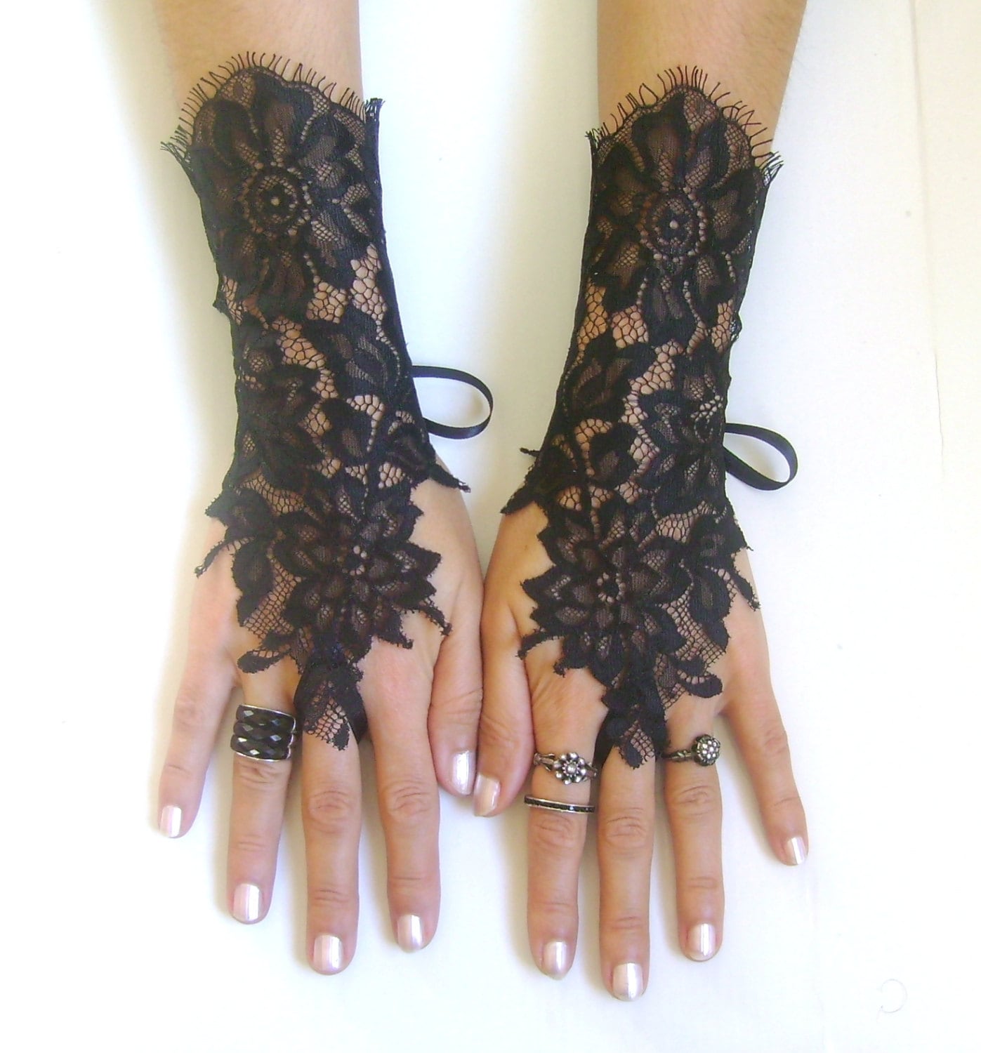 Black lace gloves french lace bridal wedding by GlovesByJana