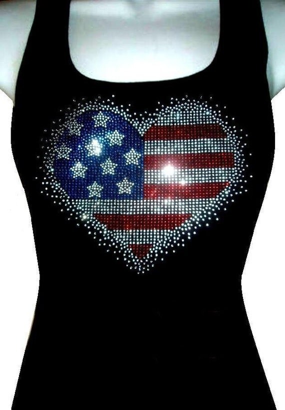 American flag Heart Rhinestone crystal Tank by BlingShirtWorld