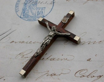 French Vintage cross lot 2 crucifix in rosetree wood wooden crucifix metalcross jesus stamped France