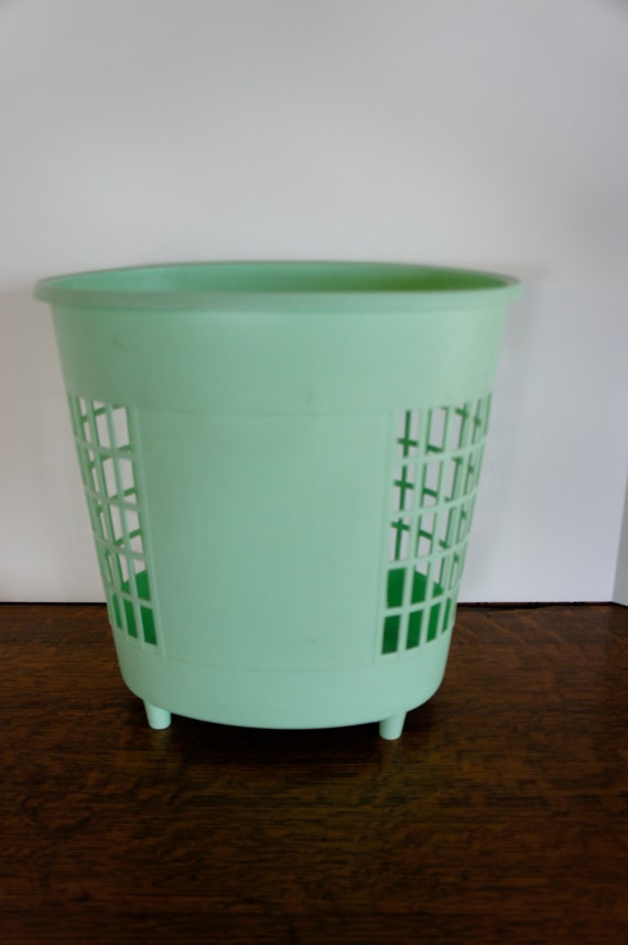 vintage mint green plastic weave potato bin or trash can