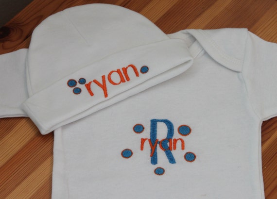 Personalized Embroidered Baby Onesie and Cap - Block and Dots Monogram