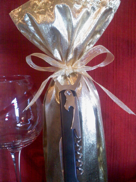 Wine Gift Bag Gold wine bag w/ corkscrew bottle opener gold