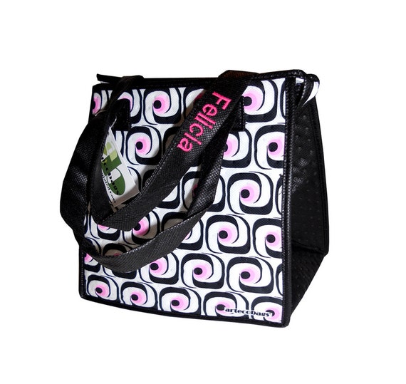 Personalized Insulated lunch tote bags. Deco Geo in pretty pink on ...