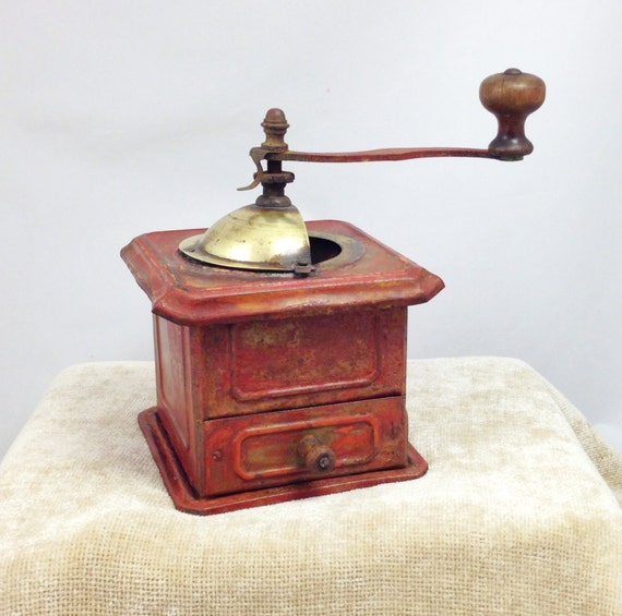 Antique Coffee Mill Tin with Brass Hopper FREE SHIPPING