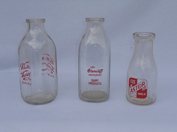 Glass Milk Bottles Three Antique Milk by WidhalmsCollectibles