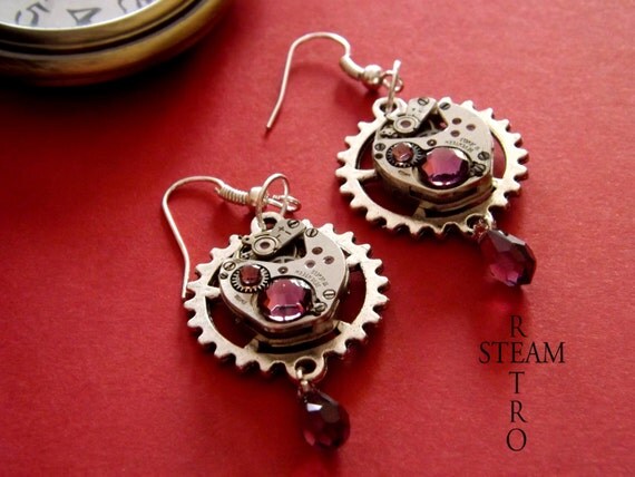 10% off XMAS16 Vintage watch movement Amethyst Swarovski Steampunk Earrings - Steampunk Jewelery * personalized jewelry by SteamRetro steampunk buy now online