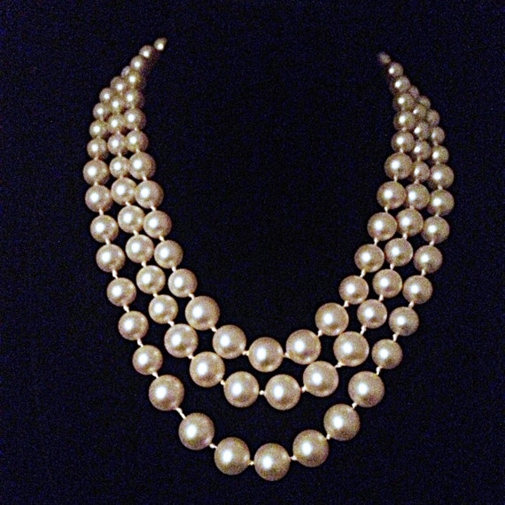 Stunning Long Vintage Three Strand Graduated Large Faux Pearl