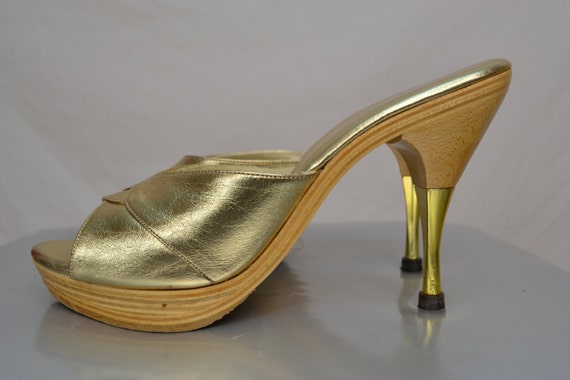 Vintage 50s Gold Stiletto Pin Up Platform Polly Heels by