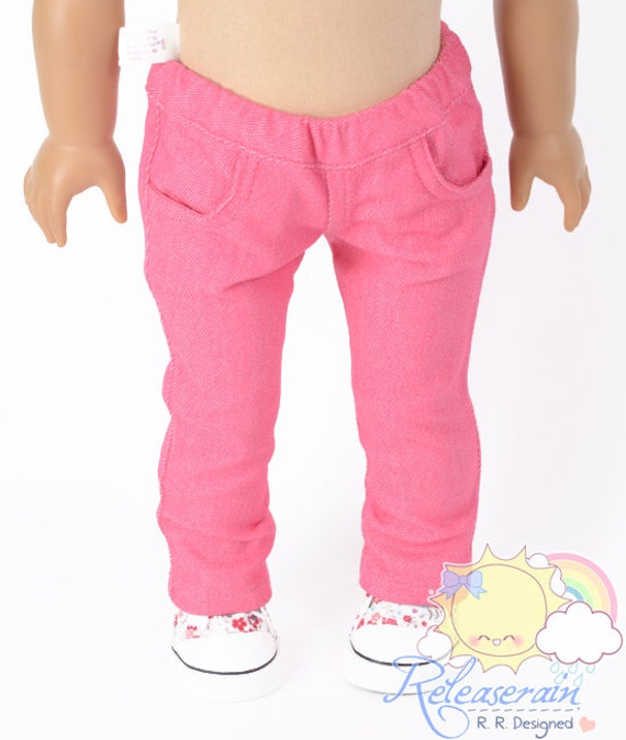 Doll Clothes Outfit Elastic Banded Waist Cherry Pink Denim Jeans Pants Trousers for 18" American Girl dolls