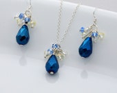 Dark Blue Pendant and Earring Set, Wedding Jewelry, Bridesmaid Jewelry, Teardrop Pendant and Earrings