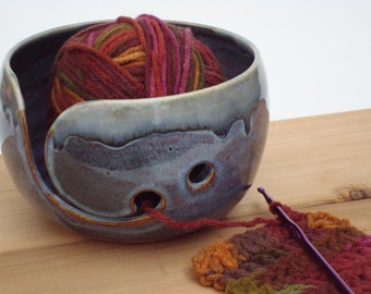 Blue Pottery Yarn Bowl, ceramic knitting bowl, Crochet bowl, yarn holder, knitting, crochet