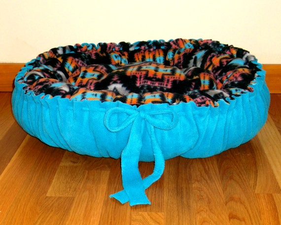 Medium Fleece Dog Bed in Blue Aztec by handmadeheartcrafted