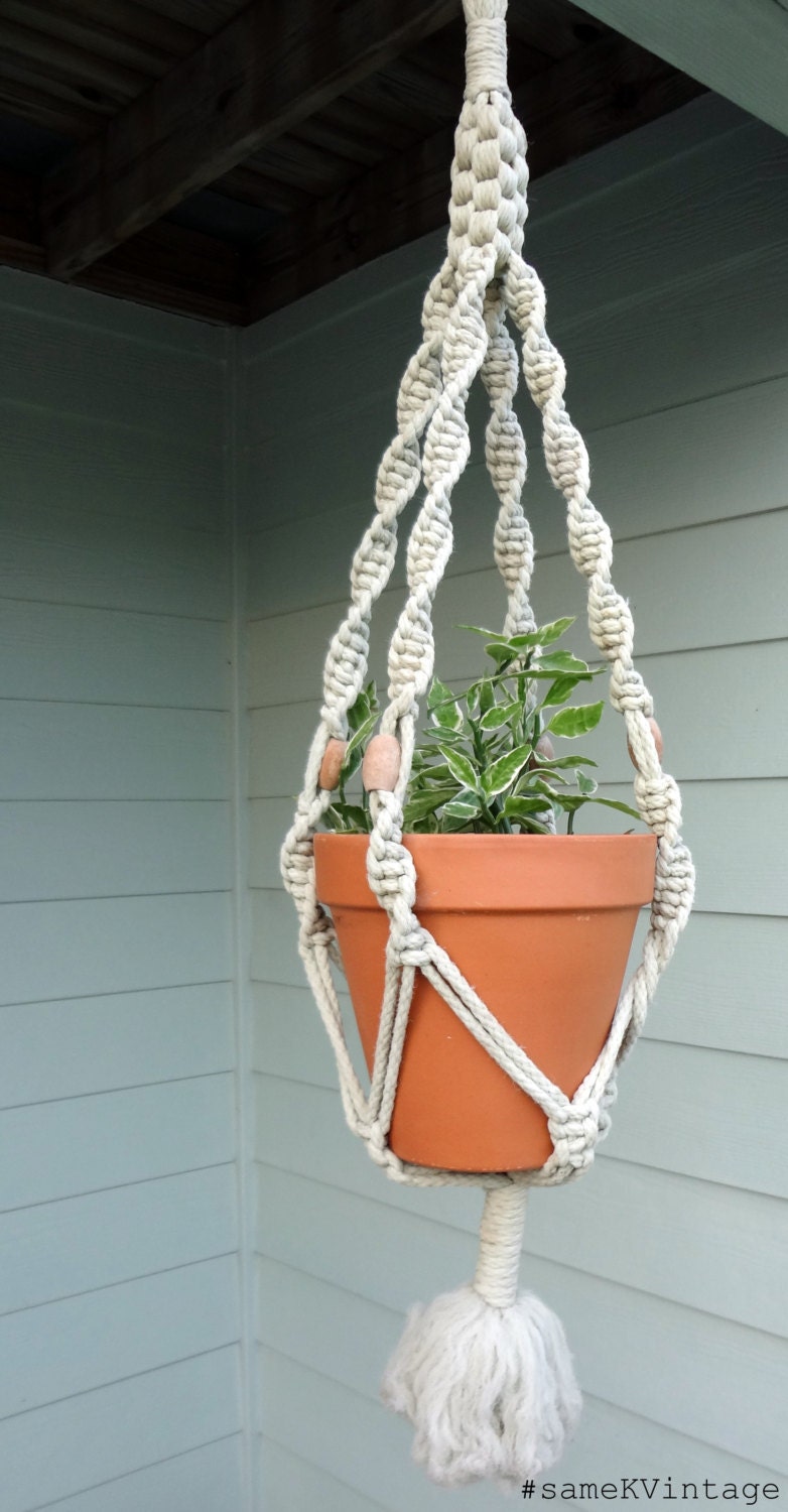 Vintage Macrame  Plant  Hanger  1960s Wooden Beads  by 