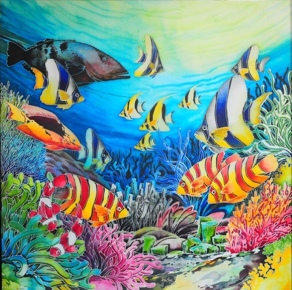 Items similar to Original Batik Art Painting on Silk, 'Underwater World ...