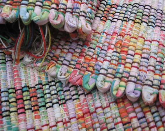 Summertime rag rug 36" x 26" handwoven rug bright pink green lavender yellow orange cotton fabric throw rug fringes112