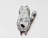 Free shipping Cat brooch pin Animal brooch animal jewelry cat jewelry clay cat Grey cat with fish, clay pin, gifts under 25 (0021)