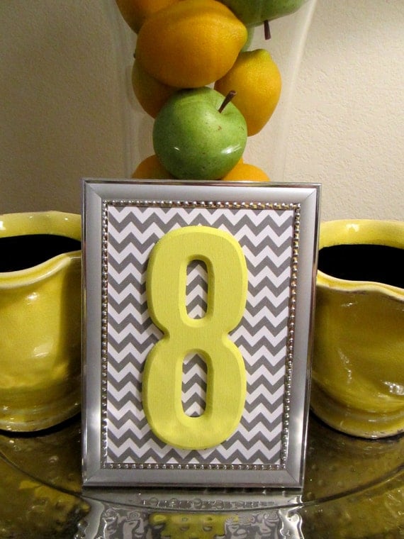 Yellow & Grey Table Numbers with Silver Frame // Chevron Wedding Table Numbers // Grey and Yellow Wedding Decor
