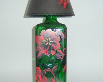 Hand Painted Wine Bottle Lamp Red Black Flowers Lamp Shade Upcycled Table Night Bedroom Light Wine Bottle Home Interior Decor Recycled